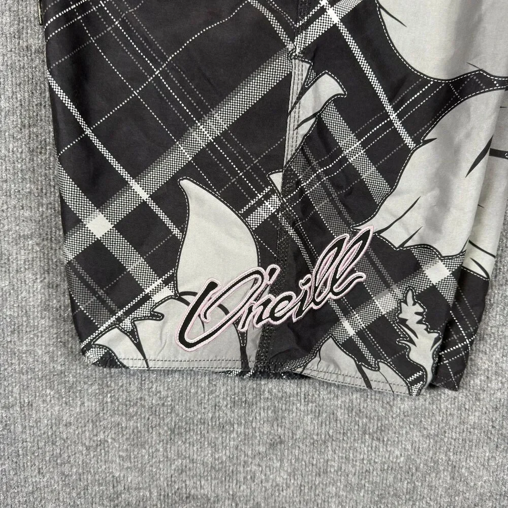 O'Neill Men's Board Shorts Size 38 Black Gray Plaid Hibiscus Floral Y2K Grunge